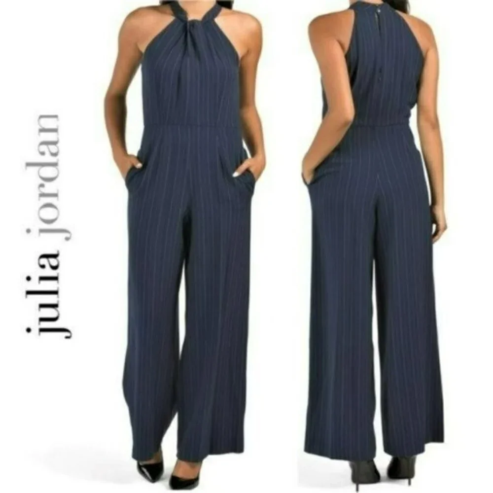 NWT JULIA JORDAN Sleeveless Twist Halter Neck Wide Leg Striped Jumpsuit - Picture 1 of 10